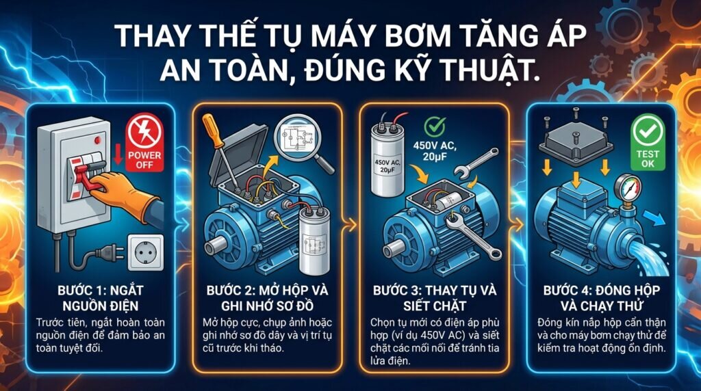 Thay thế tụ máy bơm tăng áp an toàn, đúng kỹ thuật.