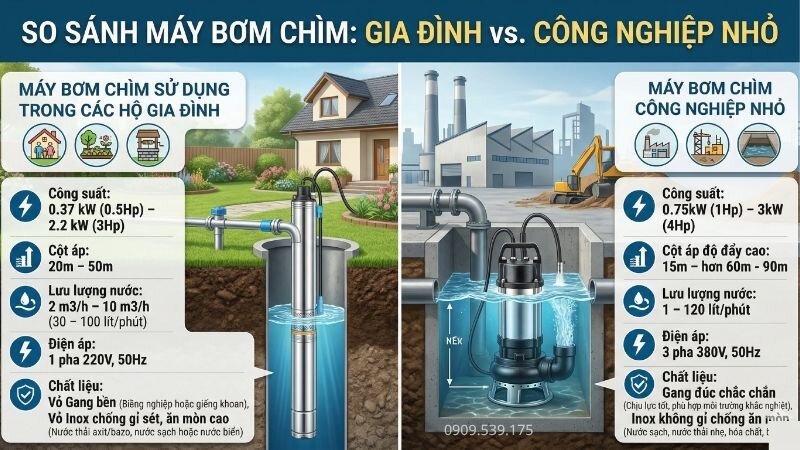 Thông số kỹ thuật máy bơm chìm trong gia đình và công nghiệp
