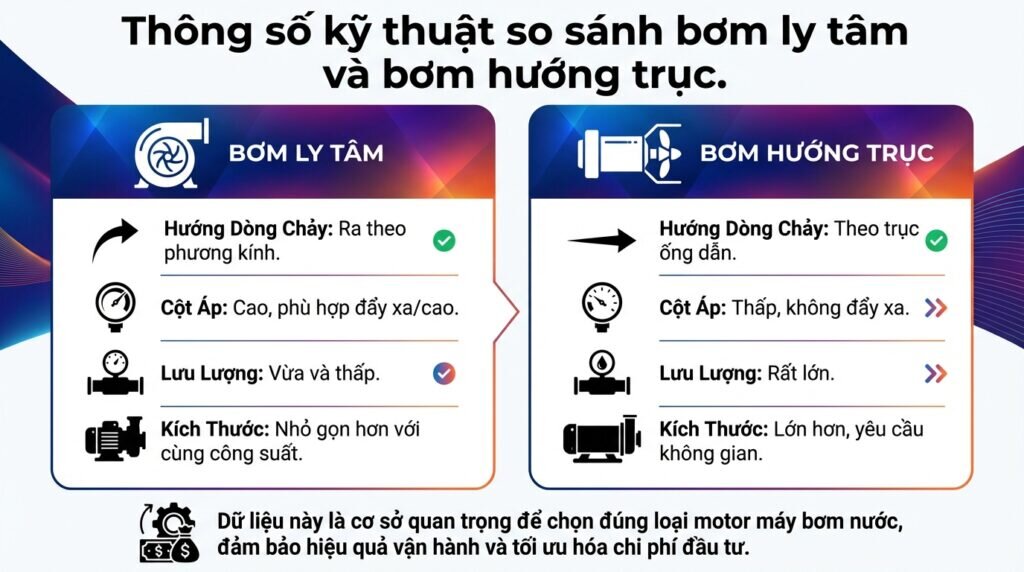 Thông số kỹ thuật so sánh bơm ly tâm và bơm hướng trục.