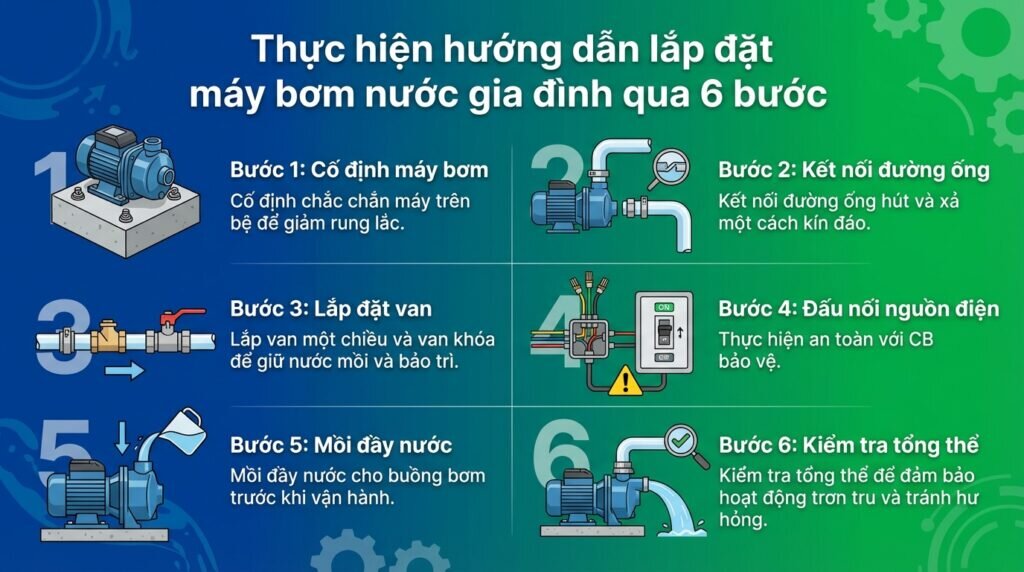 Thực hiện hướng dẫn lắp đặt máy bơm nước gia đình qua 6 bước.