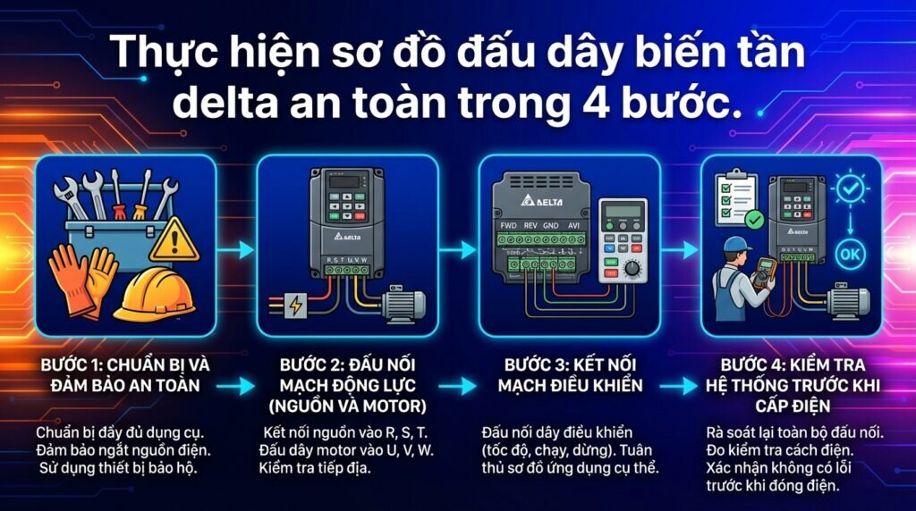 Thực hiện sơ đồ đấu dây biến tần delta an toàn trong 4 bước.