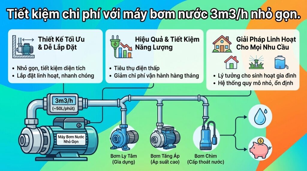 Tiết kiệm chi phí với máy bơm nước 3m3/h nhỏ gọn.