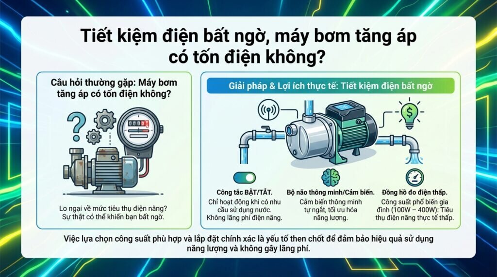 Tiết kiệm điện bất ngờ, máy bơm tăng áp có tốn điện không?