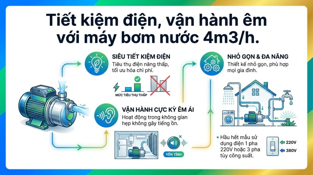Tiết kiệm điện, vận hành êm với máy bơm nước 4m3/h.
