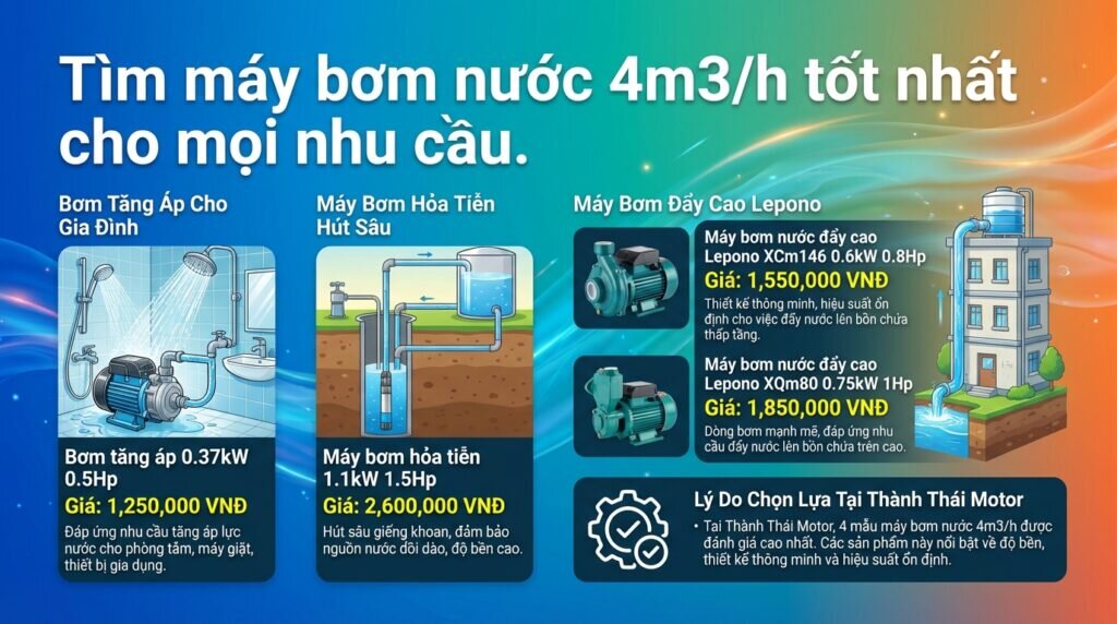 Tìm máy bơm nước 4m3/h tốt nhất cho mọi nhu cầu.
