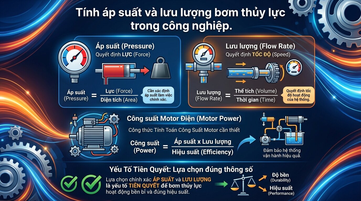 Tính áp suất và lưu lượng bơm thủy lực trong công nghiệp.