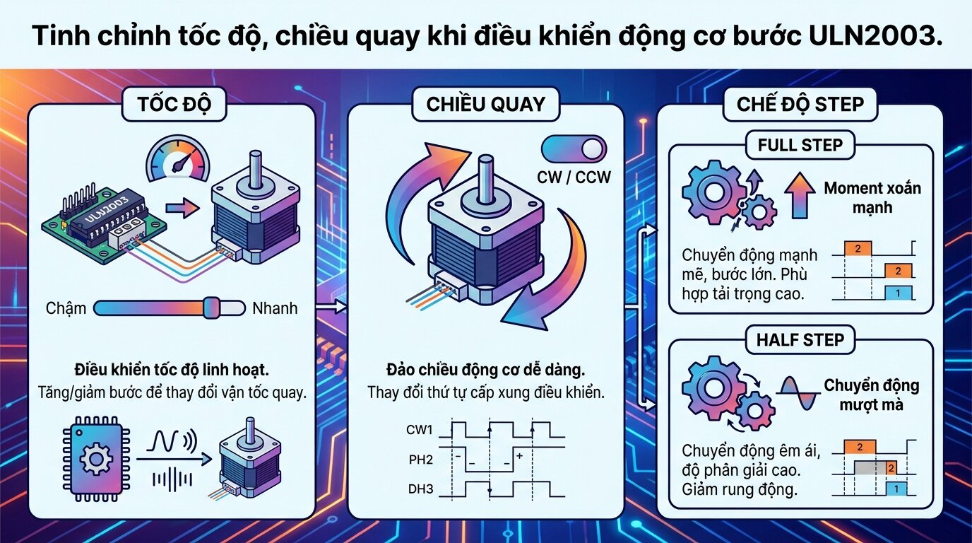 Tinh chỉnh tốc độ, chiều quay khi điều khiển động cơ bước ULN2003.