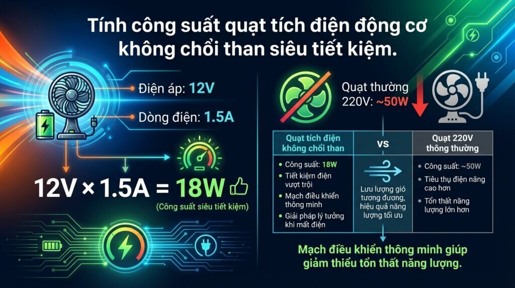 Tính công suất quạt tích điện động cơ không chổi than siêu tiết kiệm.