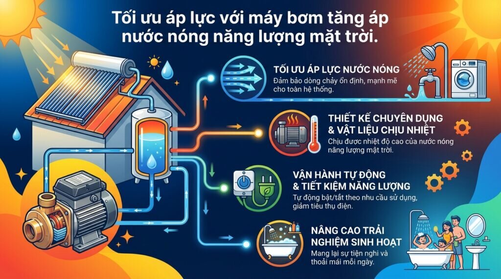 Tối ưu áp lực với máy bơm tăng áp nước nóng năng lượng mặt trời.
