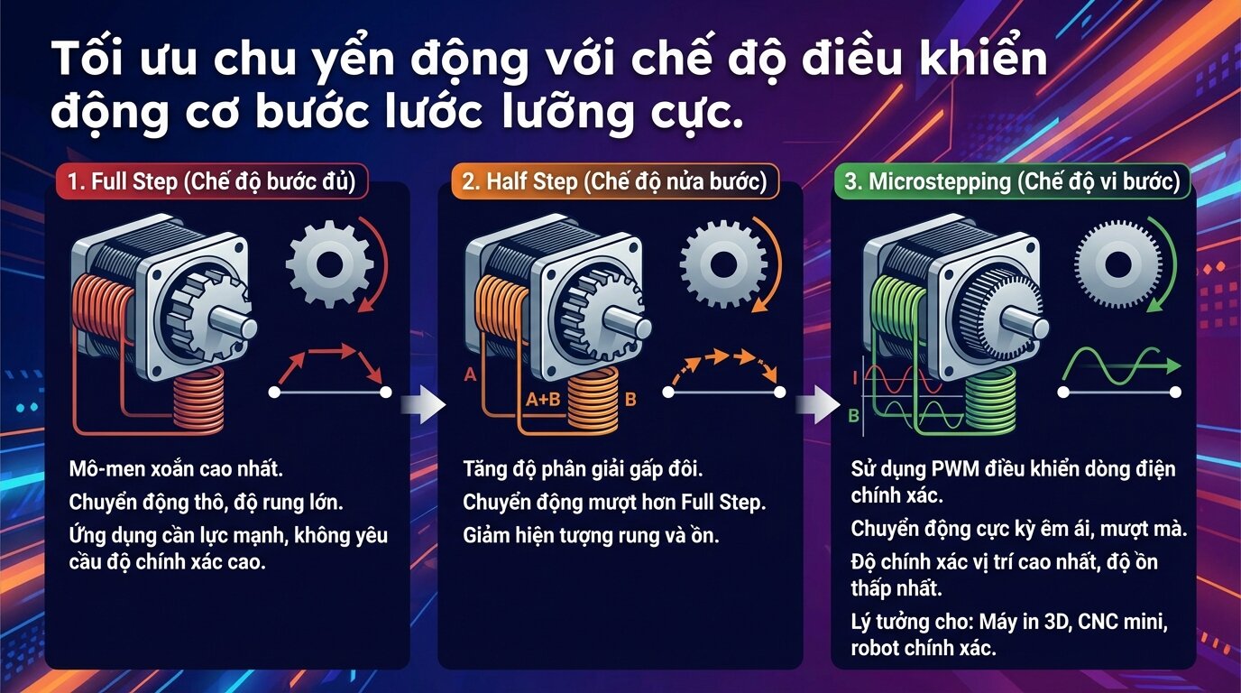 Tối ưu chuyển động với chế độ điều khiển động cơ bước lưỡng cực.