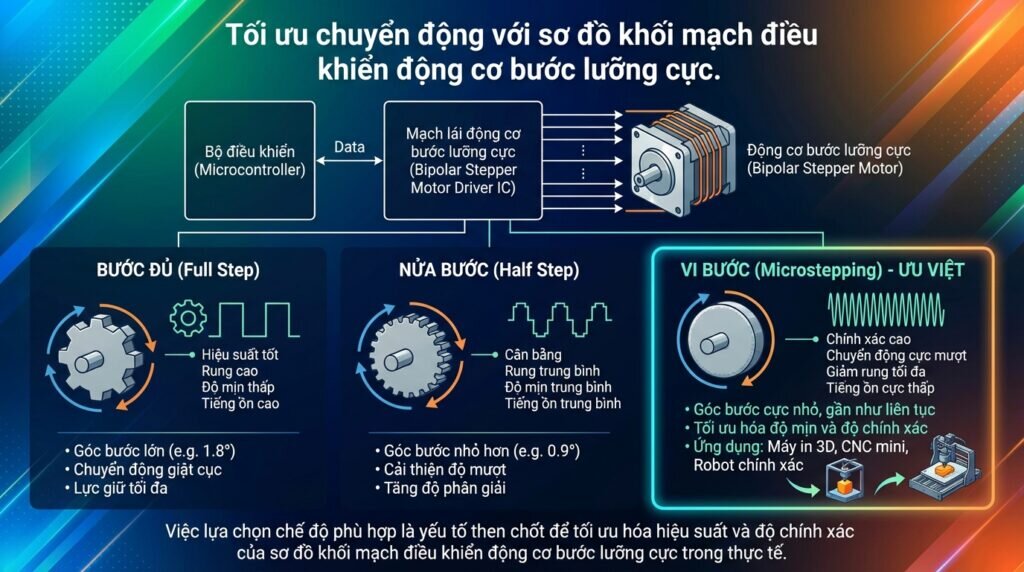 Tối ưu chuyển động với sơ đồ khối mạch điều khiển động cơ bước lưỡng cực.