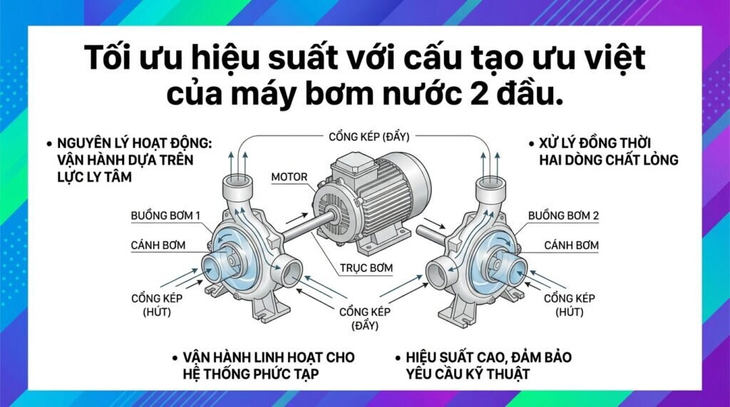 Tối ưu hiệu suất với cấu tạo ưu việt của máy bơm nước 2 đầu.