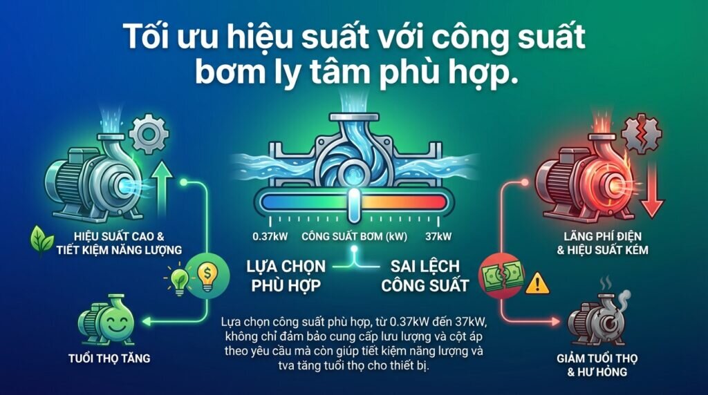 Tối ưu hiệu suất với công suất bơm ly tâm phù hợp.