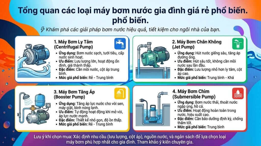 Tổng quan các loại máy bơm nước gia đình giá rẻ phổ biến.