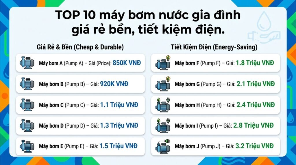 TOP 10 máy bơm nước gia đình giá rẻ bền, tiết kiệm điện.