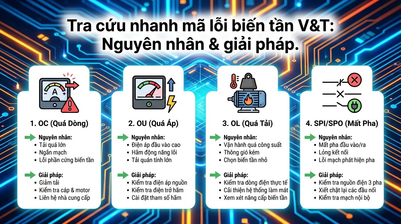 Tra cứu nhanh mã lỗi biến tần V&T: Nguyên nhân & giải pháp.