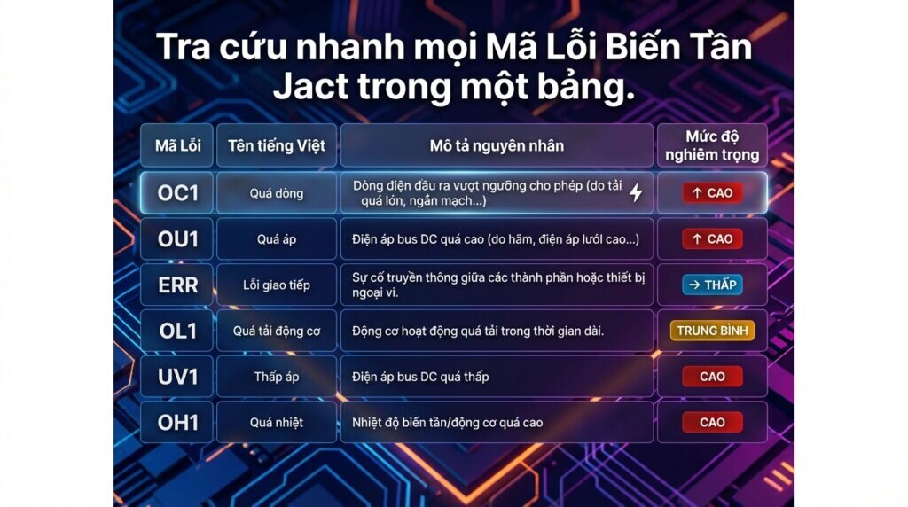 Tra cứu nhanh mọi Mã Lỗi Biến Tần Jact trong một bảng.