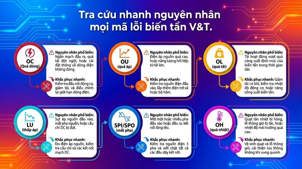 Tra cứu nhanh nguyên nhân mọi mã lỗi biến tần V&T.