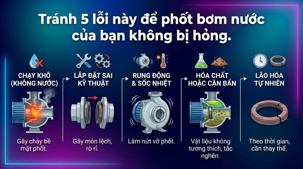 Tránh 5 lỗi này để phốt bơm nước của bạn không bị hỏng.