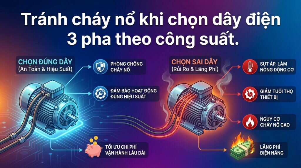 Tránh cháy nổ khi chọn dây điện 3 pha theo công suất.