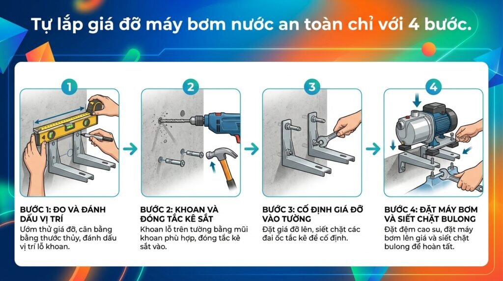 Tự lắp giá đỡ máy bơm nước an toàn chỉ với 4 bước.