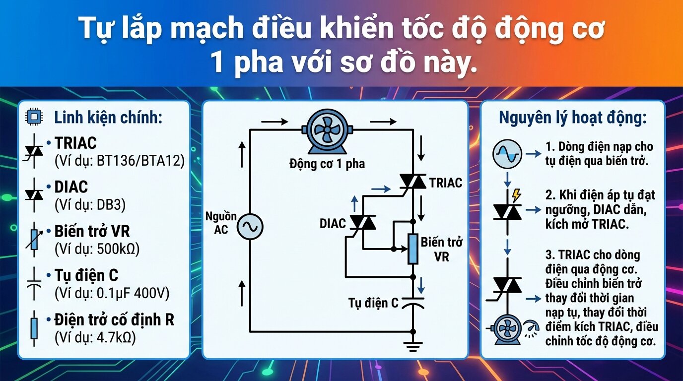 Tự lắp mạch điều khiển tốc độ động cơ 1 pha với sơ đồ này.