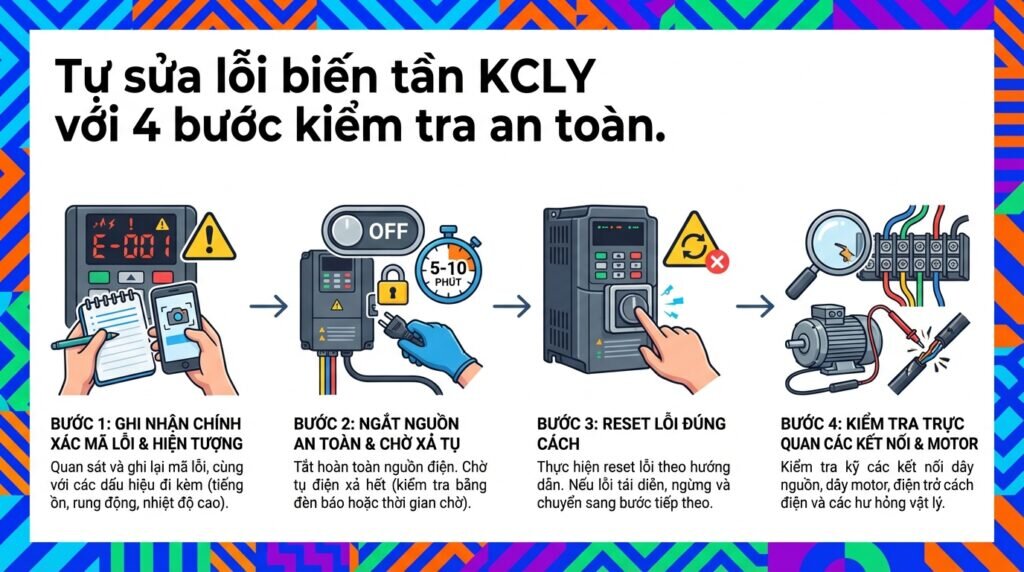 Tự sửa lỗi biến tần KCLY với 4 bước kiểm tra an toàn.