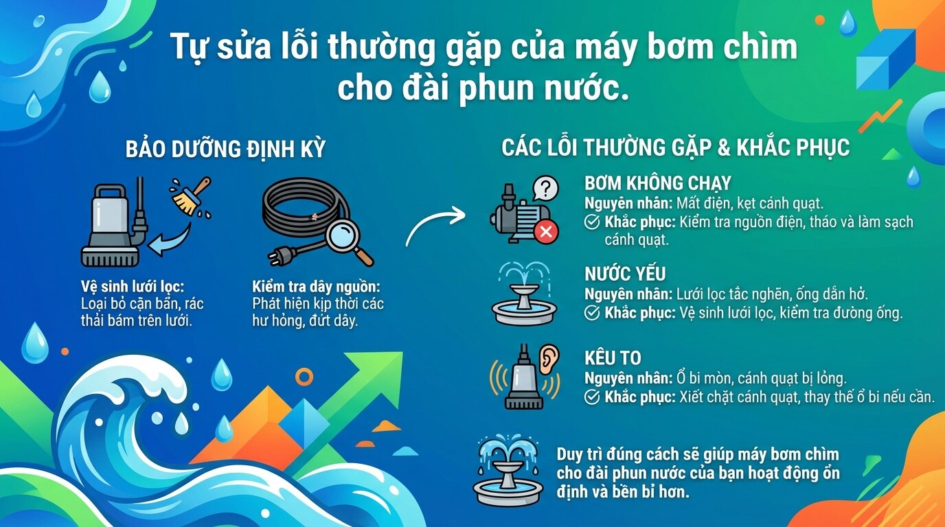 Tự sửa lỗi thường gặp của máy bơm chìm cho đài phun nước.