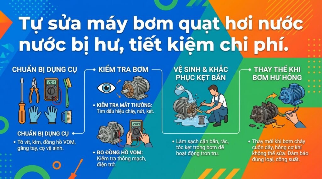 Tự sửa máy bơm quạt hơi nước bị hư, tiết kiệm chi phí.