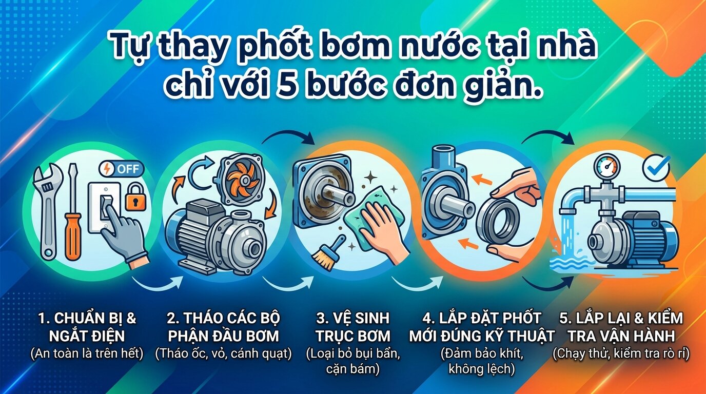 Tự thay phốt bơm nước tại nhà chỉ với 5 bước đơn giản.