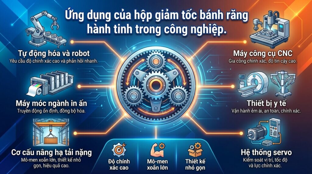 Ứng dụng của hộp giảm tốc bánh răng hành tinh trong công nghiệp.