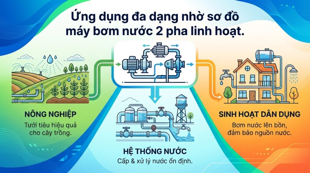Ứng dụng đa dạng nhờ sơ đồ máy bơm nước 2 pha linh hoạt.