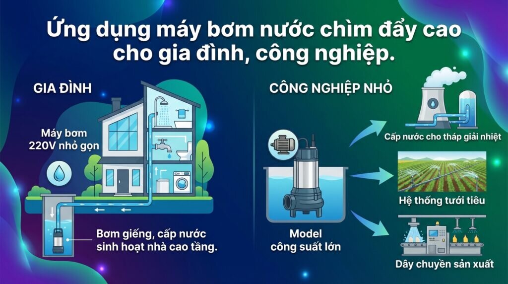 Ứng dụng máy bơm nước chìm đẩy cao cho gia đình, công nghiệp.