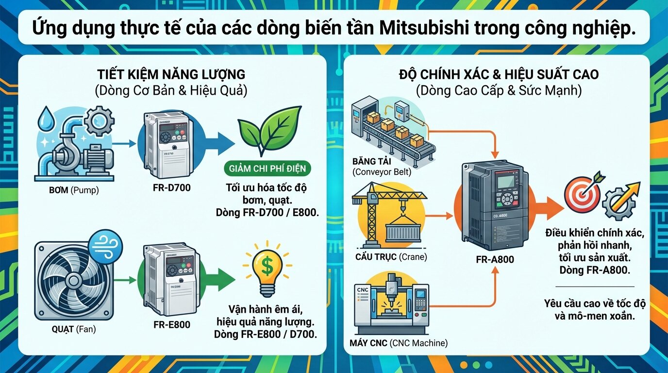Ứng dụng thực tế của các dòng biến tần Mitsubishi trong công nghiệp.