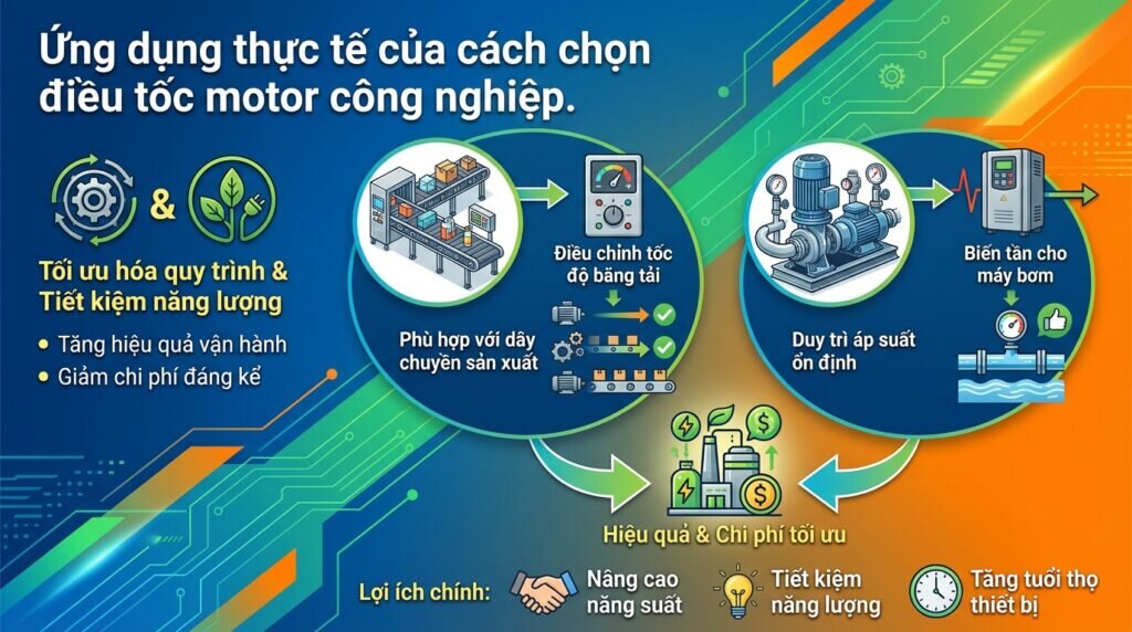 Ứng dụng thực tế của cách chọn điều tốc motor công nghiệp.
