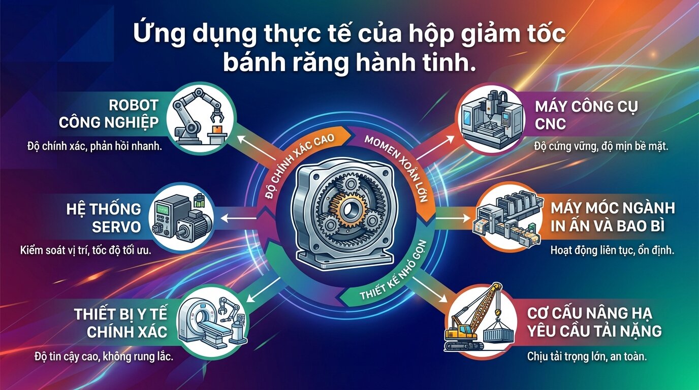 Ứng dụng thực tế của hộp giảm tốc bánh răng hành tinh.