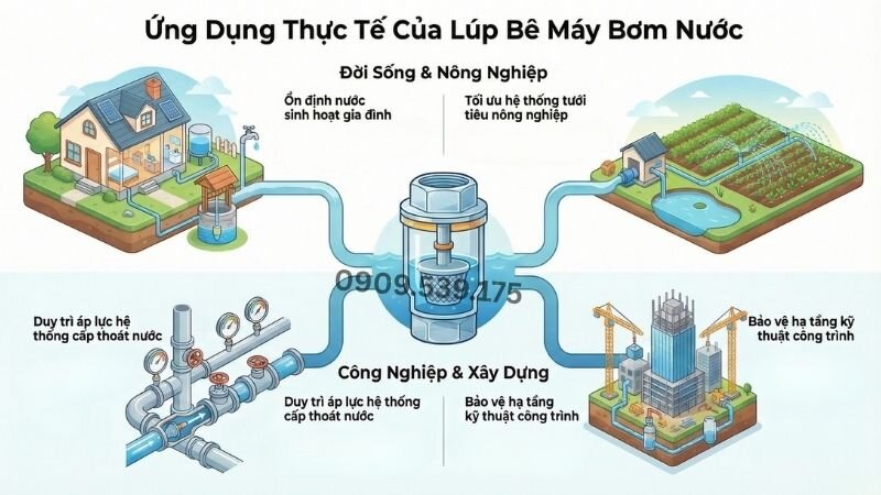 Ứng dụng thực tế của lúp bê máy bơm nước.