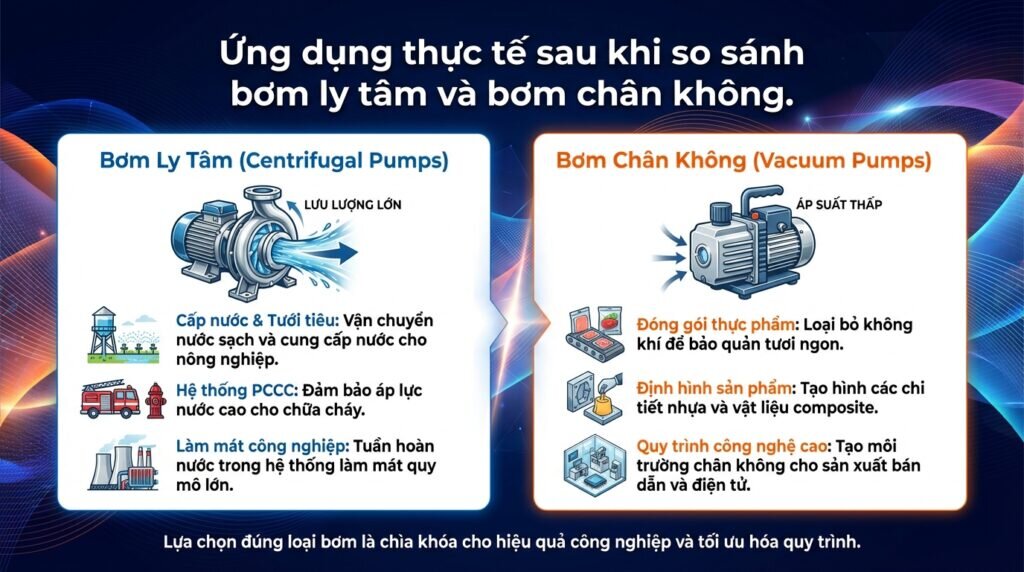 Ứng dụng thực tế sau khi so sánh bơm ly tâm và bơm chân không.