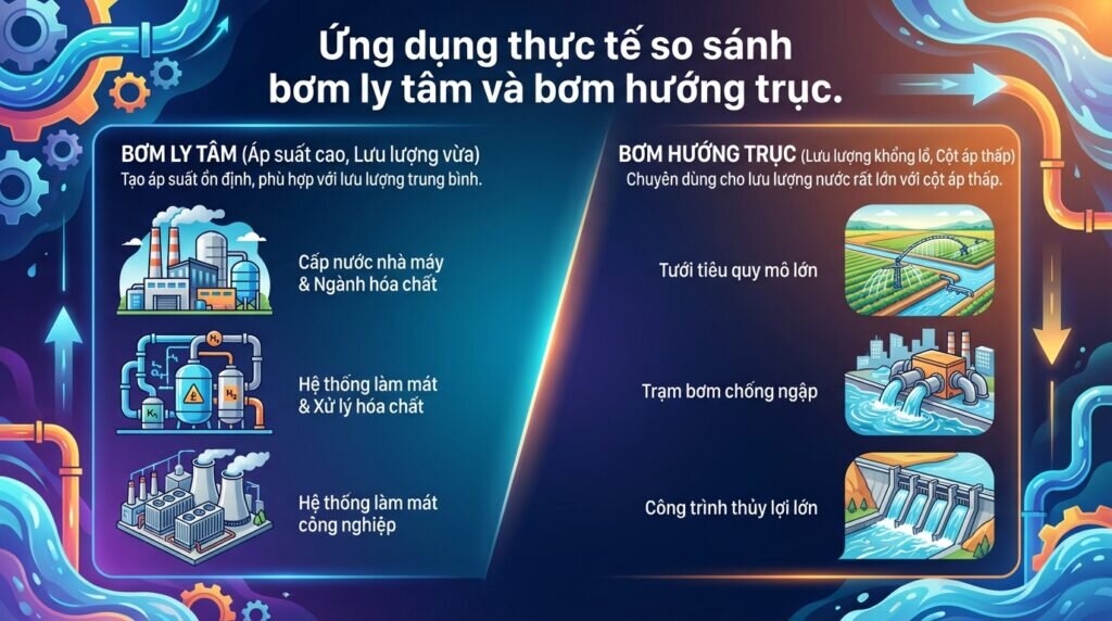 Ứng dụng thực tế so sánh bơm ly tâm và bơm hướng trục.