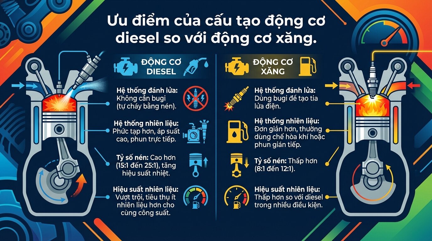 Ưu điểm của cấu tạo động cơ diesel so với động cơ xăng.