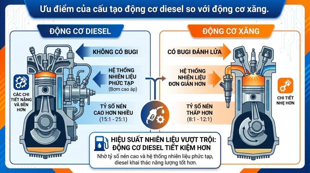 Ưu điểm của cấu tạo động cơ diesel so với động cơ xăng.