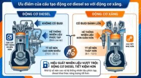 Ưu điểm của cấu tạo động cơ diesel so với động cơ xăng.