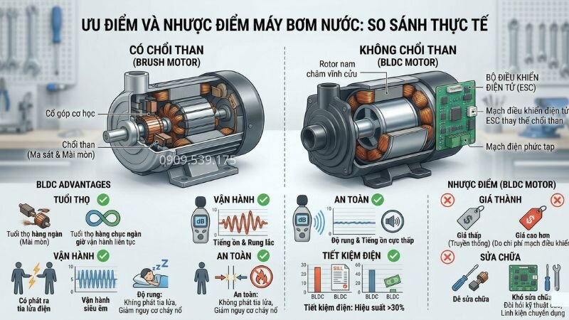 Ưu điểm máy bơm nước không chổi than