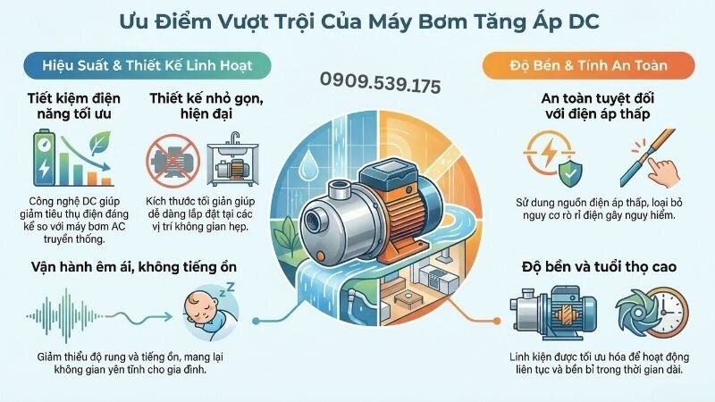 Ưu điểm vượt trội của máy bơm tăng áp DC.