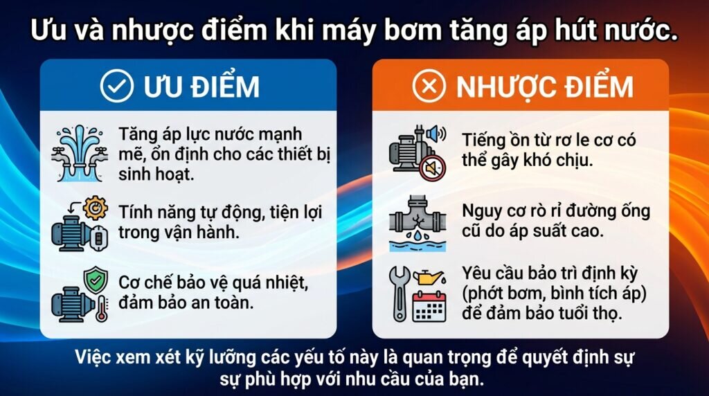 Ưu và nhược điểm khi máy bơm tăng áp hút nước.