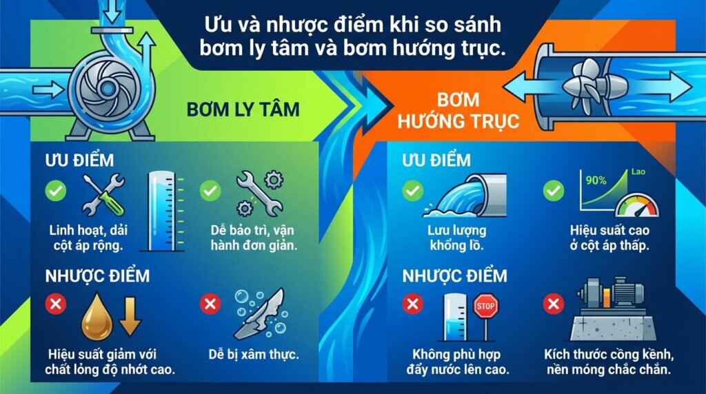 Ưu và nhược điểm khi so sánh bơm ly tâm và bơm hướng trục.