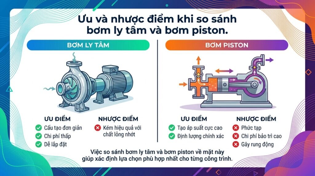 Ưu và nhược điểm khi so sánh bơm ly tâm và bơm piston.