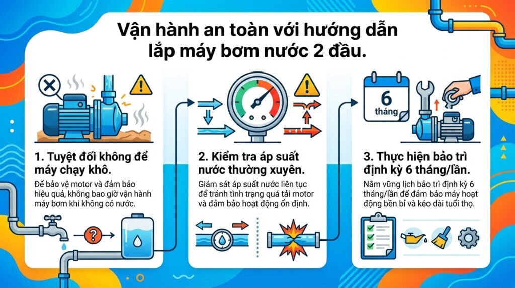 Vận hành an toàn với hướng dẫn lắp máy bơm nước 2 đầu.