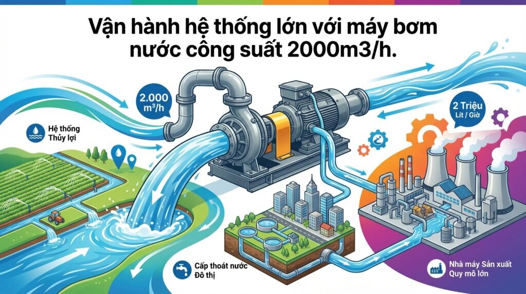 Vận hành hệ thống lớn với máy bơm nước công suất 2000m3/h.