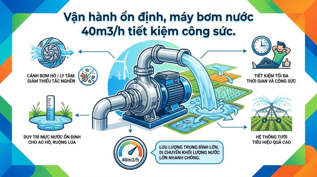 Vận hành ổn định, máy bơm nước 40m3/h tiết kiệm công sức.